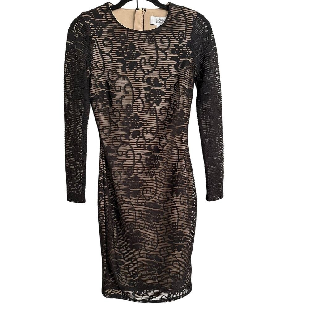 Belle Badgley Mischka Black Lace Sheath Dress – Nude Lining – Size 2